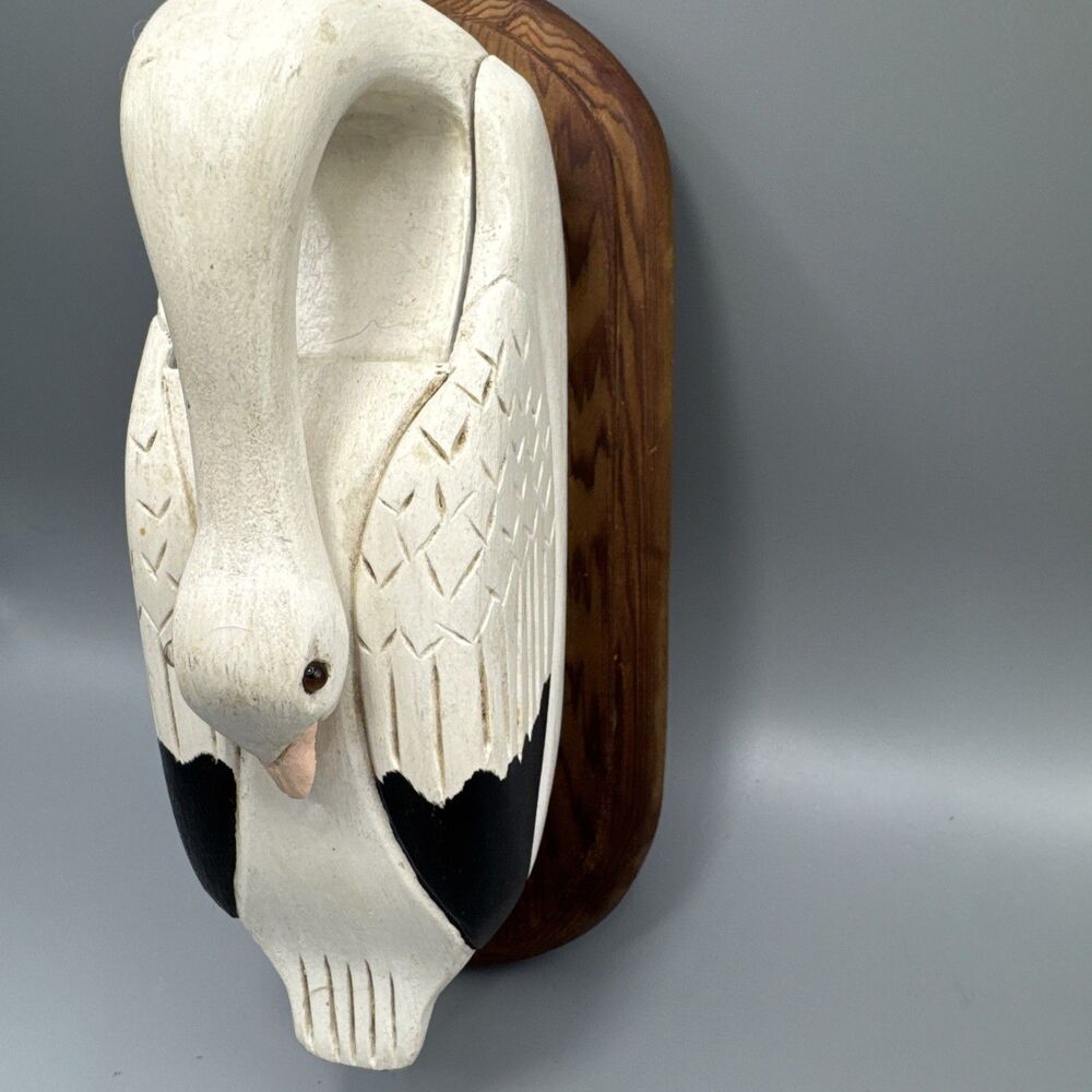 Vtg  Hand Carved Hidden Stash Trinket  Box Wooden Swan Wall Plaque 8x4” Folk Art